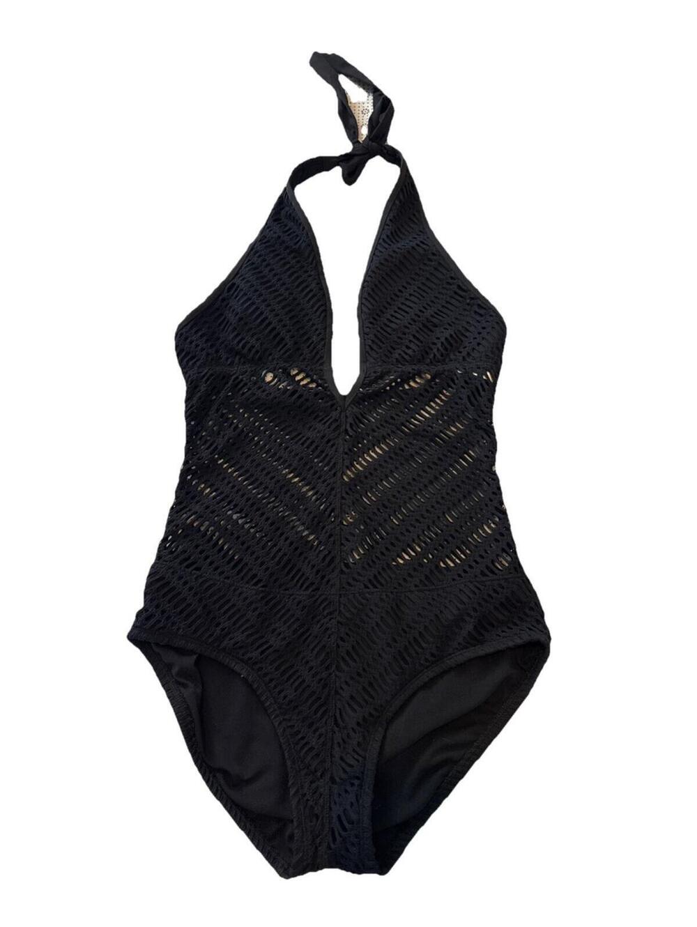 Coastal Zone Women's Halter Tie One Piece Swimsuit Black Net Style Size S